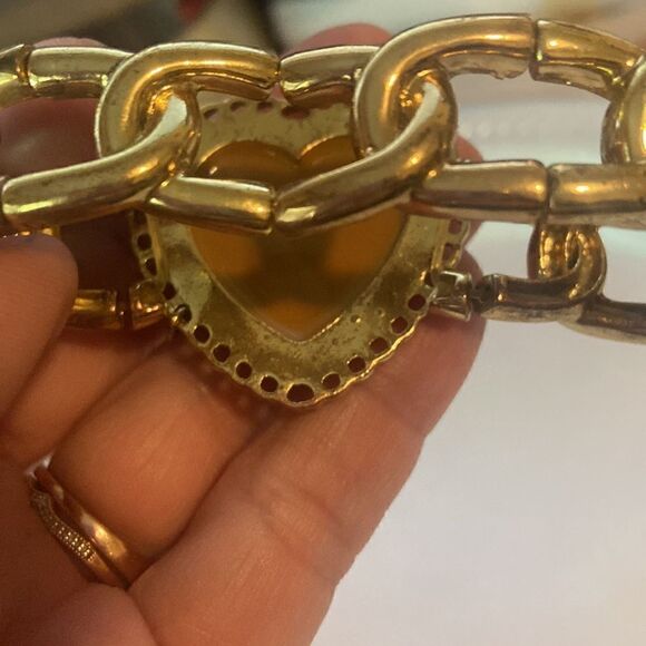 Betsey Johnson Pink Animal Print Heart Stretch Gold Link Bracelet - Picture 6 of 8